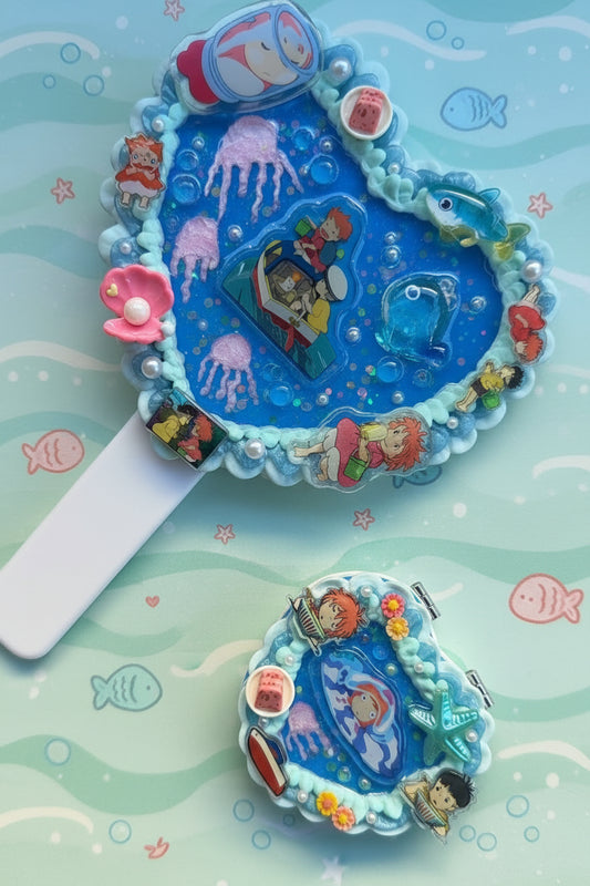 🐠 Ponyo-Inspired Decoden Mirror Set  Hand Mirror + Double-Sided Compact Mirror